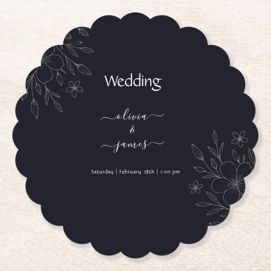 モダンなシンプルなモノクロ ミニマリスト フローラル ヴァイン ペーパーコースター (正面)