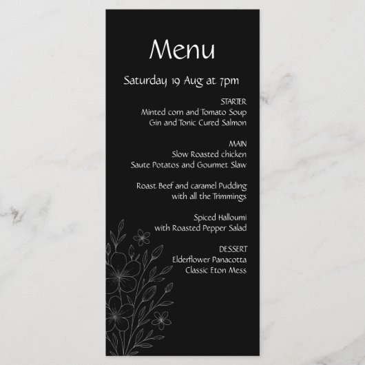 モダンなシンプルなモノクロ ミニマリスト フローラル ヴァイン メニュー (正面)