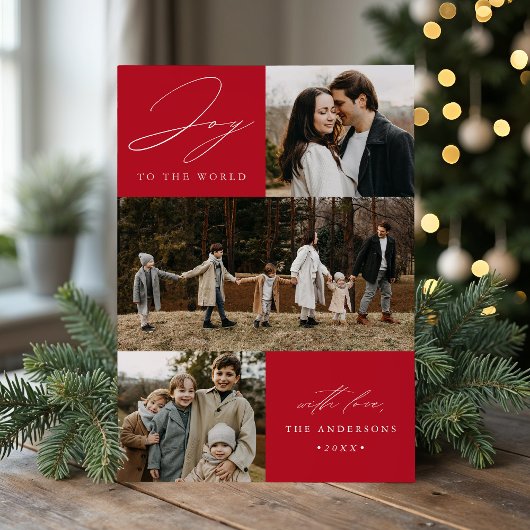 モダンなジョイ・トゥ・ザ・ワールド レッド 4 フォト シーズンカード