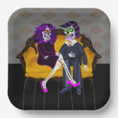 モダンなスカル カップル ヴィンテージ イエローのソファに座って ペーパープレート (正面)