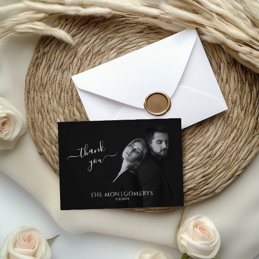 モダンなスクリプティー ブラック&ホワイト フォト サンキューカード