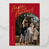 モダンなスクリプトが美しい アーチ型の2枚の写真で楽しむ ハッピー ホリデーズ 箔シーズンカード (正面)