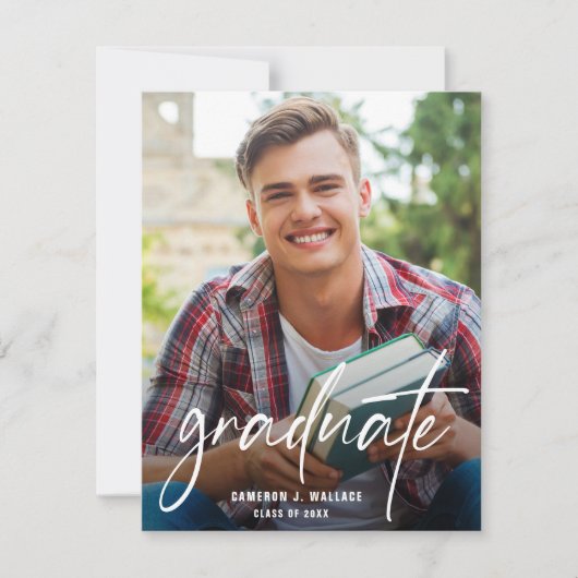 モダンなスクリプトで飾られた卒業カスタム写真 卒業のお祝い 案内状 (正面)