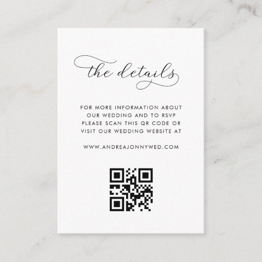 モダンなスクリプトとQRコードのシンプルな結婚式の詳細 エンクロージャーカード (正面)