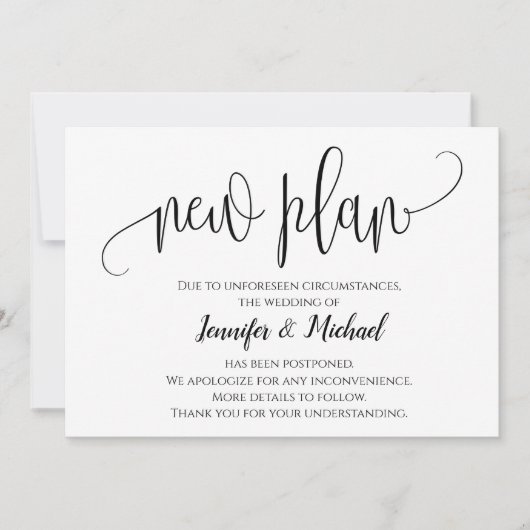 モダンなスクリプトの新計画延期のお知らせ 招待状 (正面)