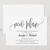 モダンなスクリプトの新計画延期のお知らせ 招待状 (正面/裏面)