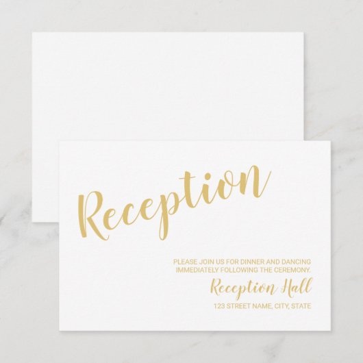 モダンなスクリプトの白と金の結婚式の披露宴 招待状 (正面/裏面)