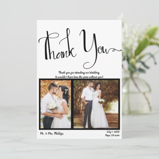 モダンなスクリプトの黒と白の写真の感謝の意を表す 招待状 (スタンド正面)