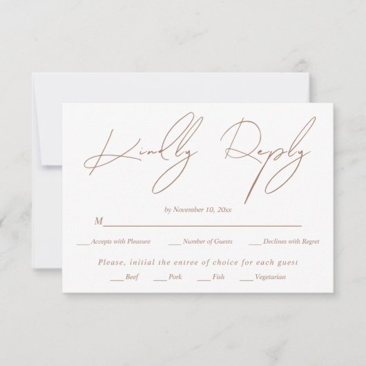 モダンなスクリプトカリグラフィーのモカ色のウェディングカード 出欠カード (正面)