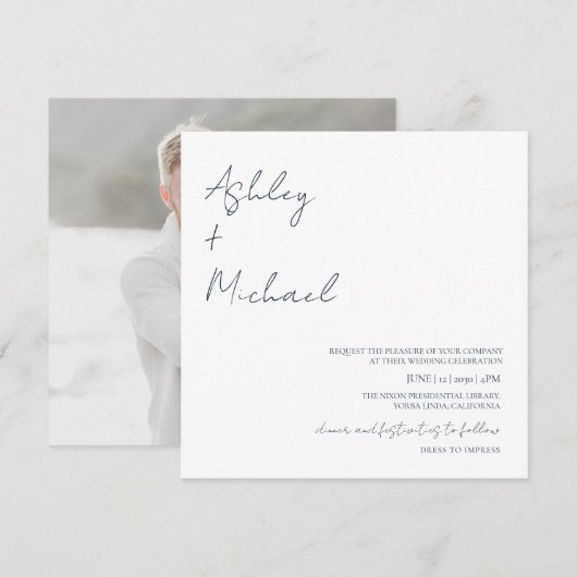 モダンなスクリプトドレスコード フォトウェディング ご招待 招待状 (正面/裏面)