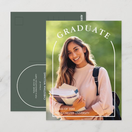 モダンなスクリプト写真 卒業おめでとう 招待状 (正面/裏面)
