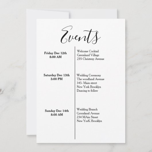 モダンなスクリプト結婚式のウェルカムメッセージと行程表の週末 招待状 (裏面)