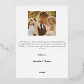 モダンなスクリプト2枚の写真 ウェディング サンクスカード 箔招待状 (裏面)