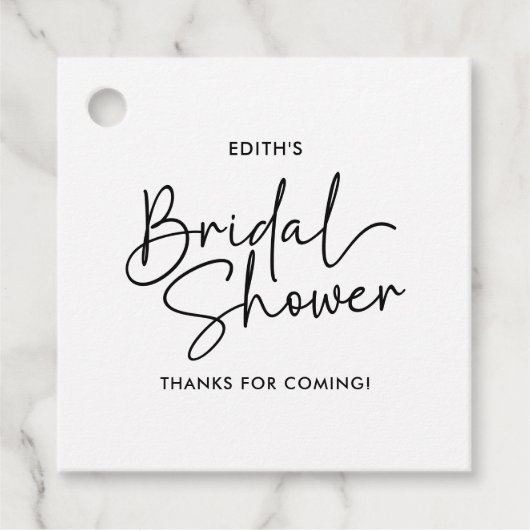 モダンなスクリプト エレガントな手書きの結婚式前祝い フェイバータグ (正面)