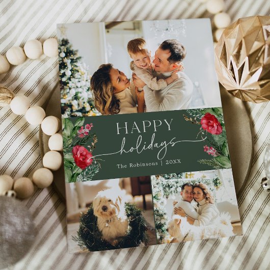 モダンなスクリプト フォレストグリーン 水彩ボタニカル シーズンカード