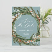 モダンなスクリプト ユーカリ エレガント ウェディング セーブザデート (スタンド正面)