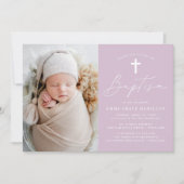 モダンなスクリプト ライトパープル フォト 洗礼 招待状 (正面)