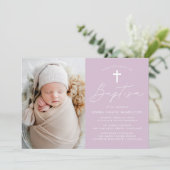 モダンなスクリプト ライトパープル フォト 洗礼 招待状 (スタンド正面)