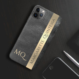モダンなスタイリッシュな黒革の金箔モノグラム iPhone 16ケース