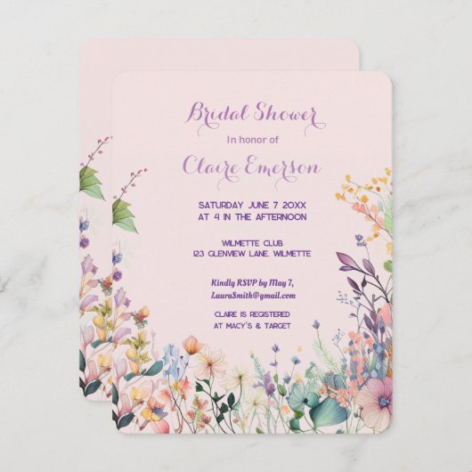 モダンなスタイルのワイルドフラワー ブライダルシャワーの招待状 招待状 (正面/裏面)