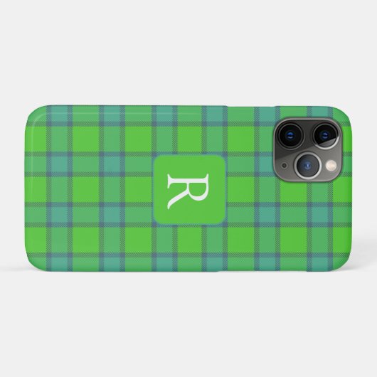 モダンなスタイルの緑と青のチェック タータン モノグラム Case-Mate iPhoneケース (裏面(横))