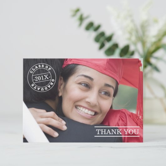 モダンなスタンプの写真の卒業は|の白感謝していしています サンキューカード (スタンド正面)