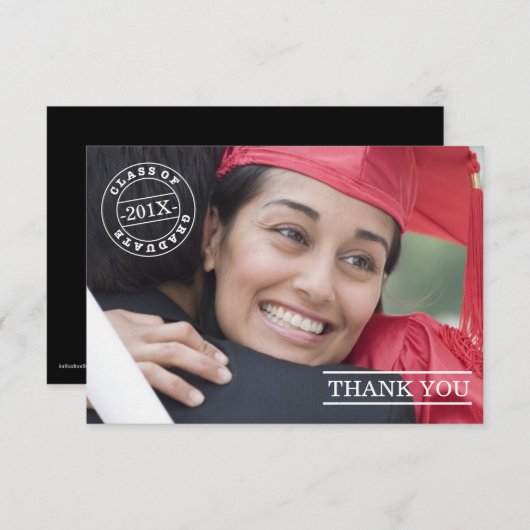 モダンなスタンプの写真の卒業は|の白感謝していしています サンキューカード (正面/裏面)