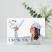 モダンなスタンプの写真の卒業は|の青感謝していしています サンキューカード (スタンド正面)