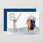 モダンなスタンプの写真の卒業は|の青感謝していしています サンキューカード (正面/裏面)