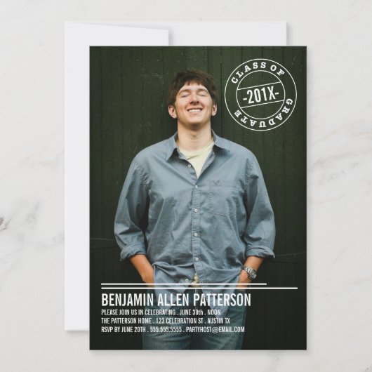 モダンなスタンプの写真の卒業パーティーの発表 招待状 (正面)