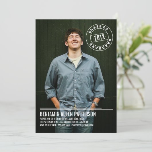 モダンなスタンプの写真の卒業パーティーの発表 招待状 (スタンド正面)
