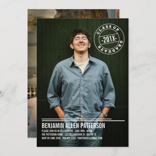 モダンなスタンプの写真の卒業パーティーの発表 招待状 (正面/裏面)