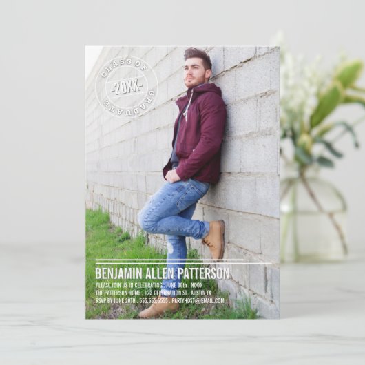 モダンなスタンプの写真の卒業パーティーの発表 招待状 (スタンド正面)