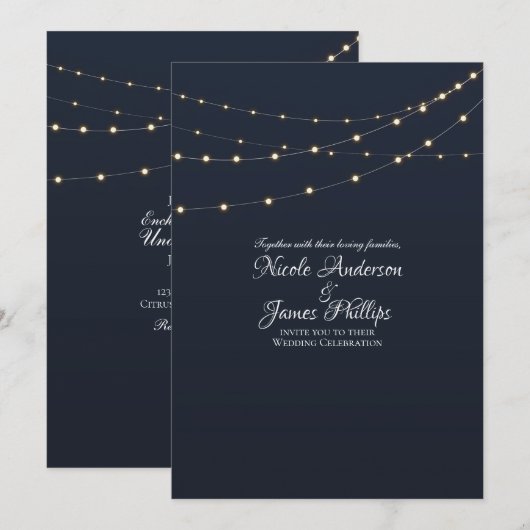 モダンなストリングライト シンプルなラスティック ミニマル ウェディング 招待状 (正面/裏面)
