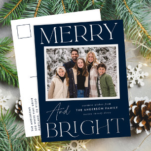 モダンなスナップショット ネイビー Merry and Bright 写真 箔シーズンポストカード