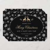 モダンなスノーフレーク ブラック ホワイト ゴールドのトナカイ シーズンカード (正面/裏面)