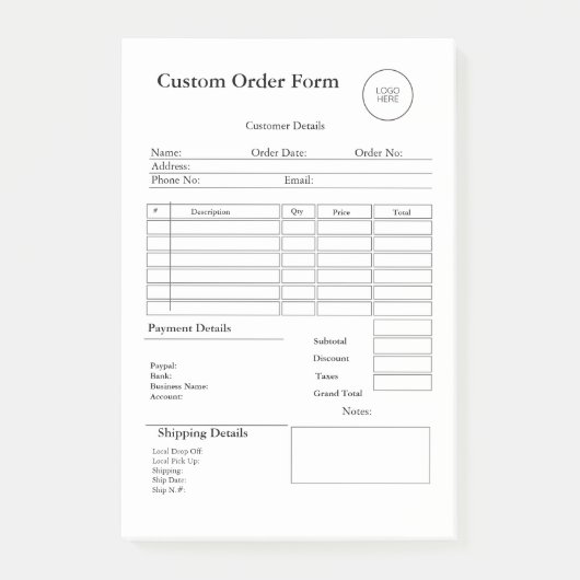 モダンなスモールビジネスのカスタム注文売上領収書 ポストイット (正面)