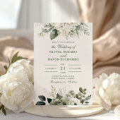 モダンなセージグリーンとアイボリーの花のウェディング 招待状