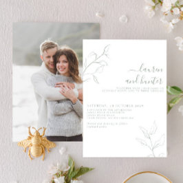 モダンなセージグリーンのスクリプト植物写真ウェディング 招待状