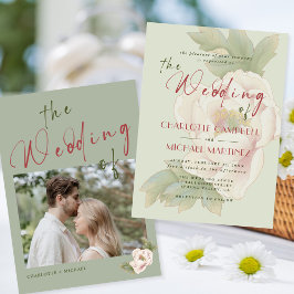 モダンなセージグリーンのフラッシュペオニーフラワーフォトウェディング 招待状