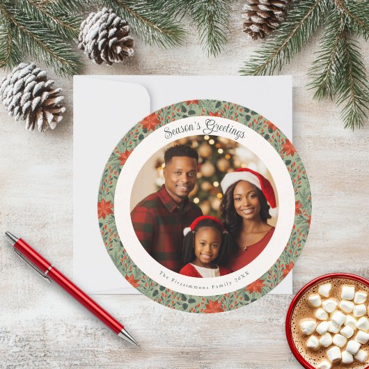 モダンなセージグリーンのポインセチアクリスマスフォトカード カード