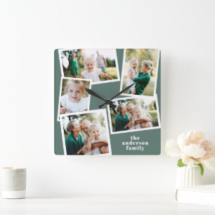 モダンなセージグリーンのマルチフォトファミリーホームデコレーション スクエア壁時計