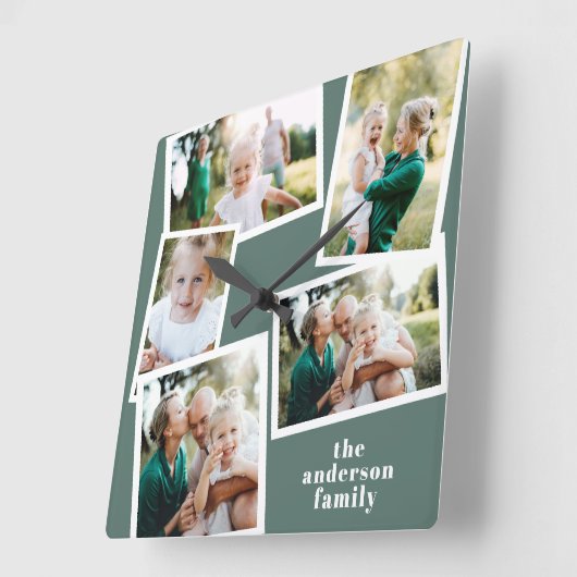 モダンなセージグリーンのマルチフォトファミリーホームデコレーション スクエア壁時計 (傾斜)