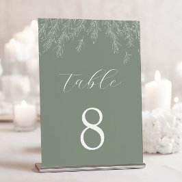 モダンなセージグリーンのミニマルな葉のウェディング テーブルナンバー