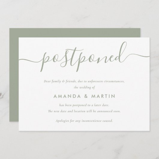 モダンなセージグリーンの結婚式延期 案内状 (正面/裏面)