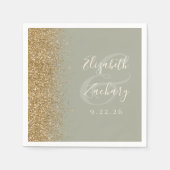 モダンなセージグリーンゴールドグリッターウェディング スタンダードカクテルナプキン (正面)