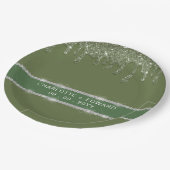 モダンなセージグリーン グリッター ドリップ スパークリング ダイヤモンド ペーパープレート (アングル)