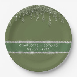 モダンなセージグリーン グリッター ドリップ スパークリング ダイヤモンド ペーパープレート