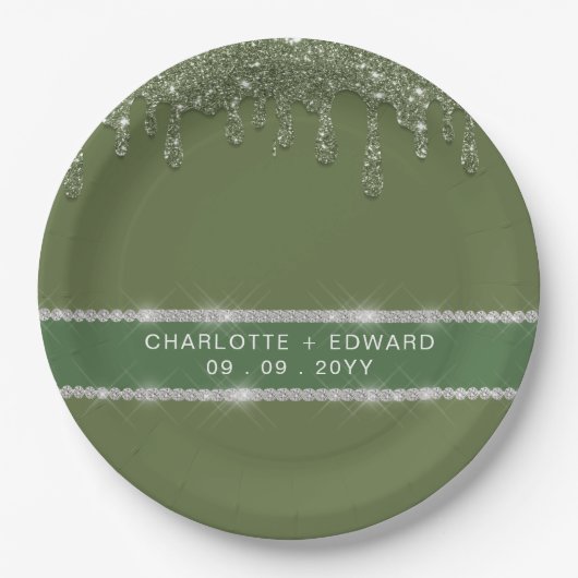 モダンなセージグリーン グリッター ドリップ スパークリング ダイヤモンド ペーパープレート (正面)