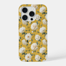 モダンなソフトイエローフラワー ホワイトフラワーパターン iPhone 15 PROケース